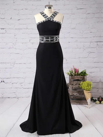 Black Mermaid Halter Chiffon Cut Out Prom Dresses With Beading #Milly020102488