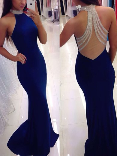 Trumpet/Mermaid High Neck Jersey Sweep Train Beading Prom Dresses #Milly020102490