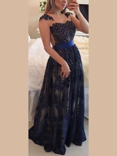 A-line Scoop Neck Tulle Floor-length Appliques Lace Prom Dresses #Milly020102498
