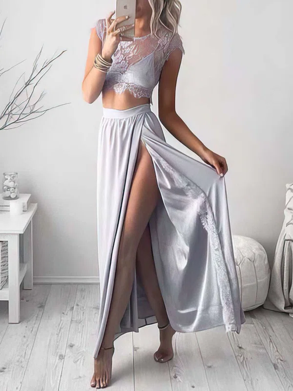Sheath/Column Scoop Neck Silk-like Satin Lace Ankle-length Split Front Prom Dresses Sale #sale020102509