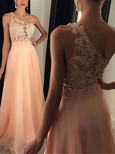 A-line One Shoulder Chiffon Sweep Train Appliques Lace Prom Dresses #Milly020102512