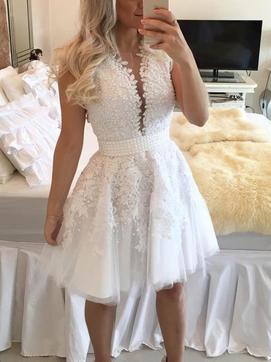 A-line Scoop Neck Tulle Short/Mini Appliques Lace White Classy Prom Dresses #Milly020102569