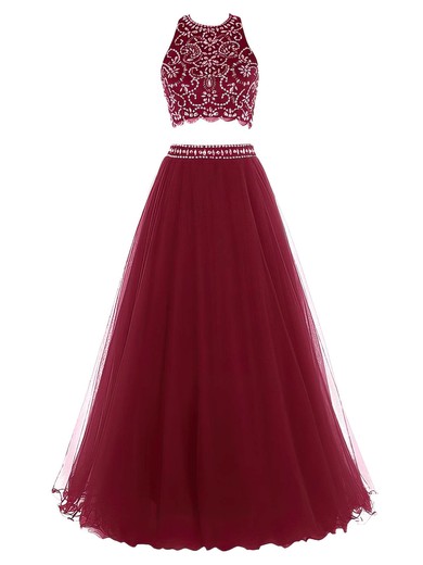 Nice Princess Halter Tulle Floor-length Beading Two Piece Prom Dress #Milly020102588
