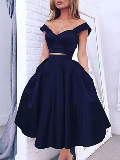 A-line Off-the-shoulder Satin Tea-length Pockets Short Prom Dresses #Milly020102596