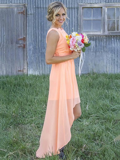 Fashion A-line Scoop Neck Chiffon Appliques Lace Asymmetrical Bridesmaid Dresses #Milly01012899