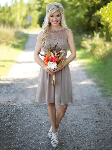 Perfect A-line Scoop Neck Lace Chiffon Sashes / Ribbons Knee-length Bridesmaid Dresses #Milly01012903