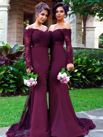 Trumpet/Mermaid Tulle Silk-like Satin Sweep Train Appliques Lace Off-the-shoulder Long Sleeve Bridesmaid Dresses #Milly01012904