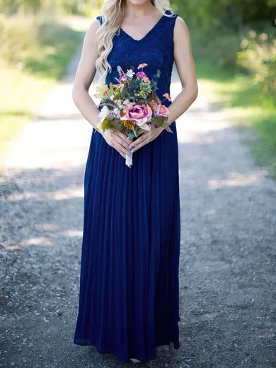 Modest A-line V-neck Lace Chiffon with Pleats Floor-length Bridesmaid Dresses #Milly01012909