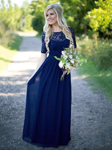 New A-line Scoop Neck Lace Chiffon Sequins Floor-length Short Sleeve Bridesmaid Dress #Milly01012910