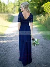 New A-line Scoop Neck Lace Chiffon Sequins Floor-length Short Sleeve Bridesmaid Dress #Milly01012910