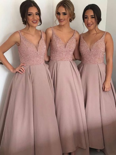 Famous V-neck Satin Floor-length with Beading Princess Bridesmaid Dresses #Milly01012912