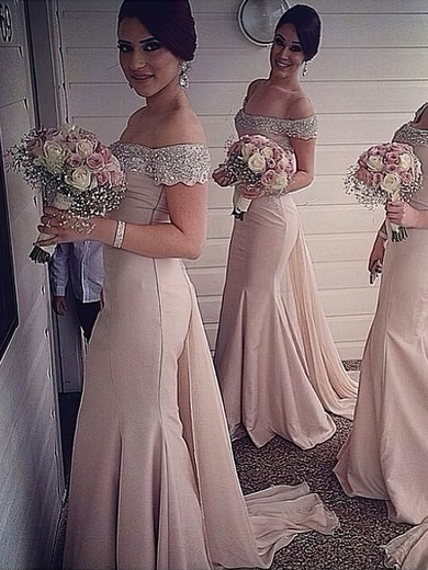 Trumpet/Mermaid Off-the-shoulder Chiffon with Beading Watteau Train Top Bridesmaid Dresses #Milly01012916