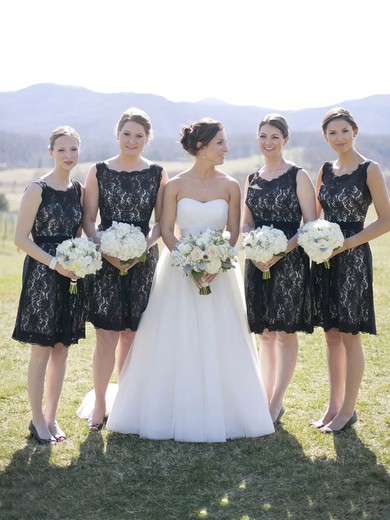Knee-length A-line Scoop Neck Lace Sashes / Ribbons Black Open Back Bridesmaid Dresses #Milly01012917