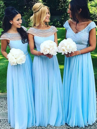 A-line Scoop Neck Chiffon Tulle Pearl Detailing Floor-length Pretty Bridesmaid Dresses #Milly01012921