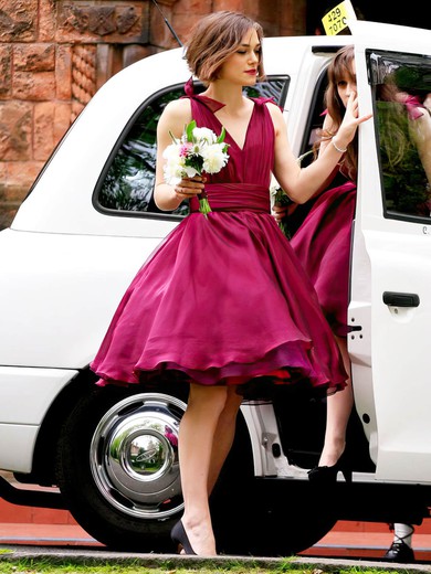 New Style A-line V-neck Chiffon with Ruffles Short/Mini Bridesmaid Dresses #Milly01012925