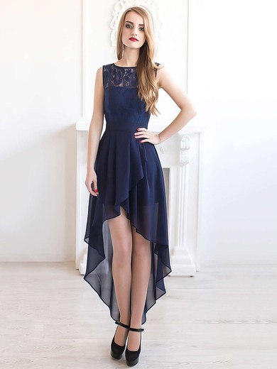 Asymmetrical A-line Scoop Neck Chiffon with Lace Dark Navy Cheap Bridesmaid Dresses #Milly01012927