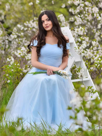 Sweet A-line Tulle Floor-length Sashes / Ribbons Off-the-shoulder Bridesmaid Dresses #Milly01012931