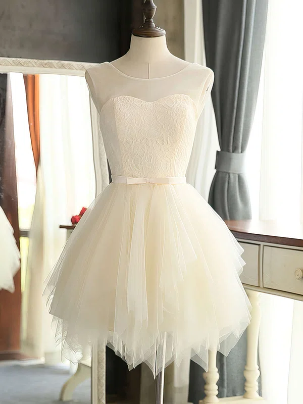 Short/Mini A-line Scoop Neck Lace Tulle Sashes / Ribbons Cute Bridesmaid Dresses #Milly01012941