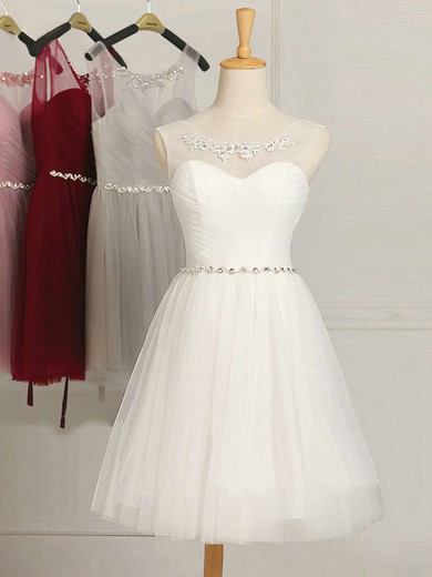 Boutique A-line Scoop Neck Tulle Ruffles White Short/Mini Bridesmaid Dresses #Milly01012948