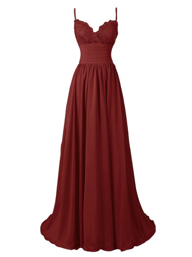 A-line V-neck Sweep Train Chiffon Appliques Lace Prom Dresses #Milly020102675