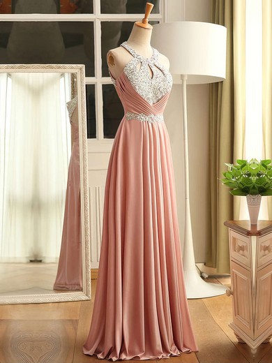A-line Scoop Neck Chiffon Floor-length Crystal Detailing Prom Dresses #Milly020102681