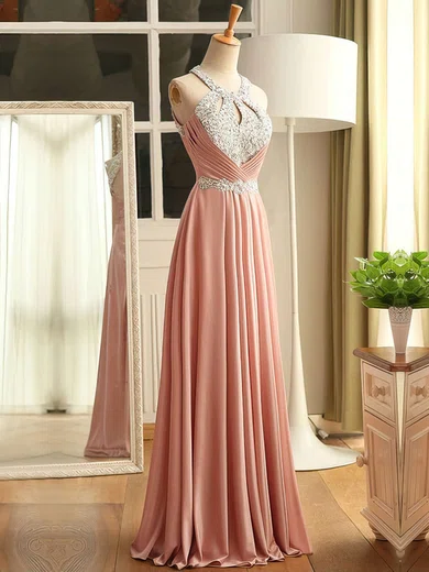 A-line Scoop Neck Chiffon Cut Out Prom Dresses With Beading #Milly020102681
