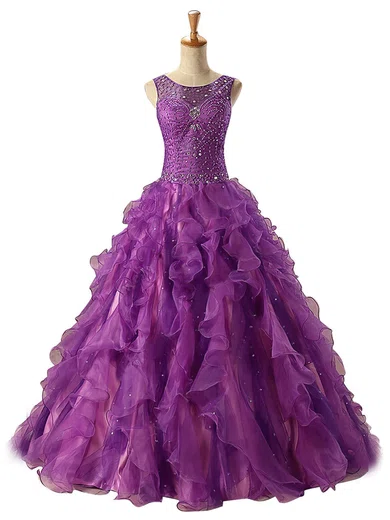 Ball Gown Illusion Tulle Ruffle Tiered Prom Dresses With Beading #Milly020102691