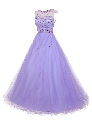 Best A-line Scoop Neck Tulle Floor-length Beading Open Back Prom Dresses #Milly020102714