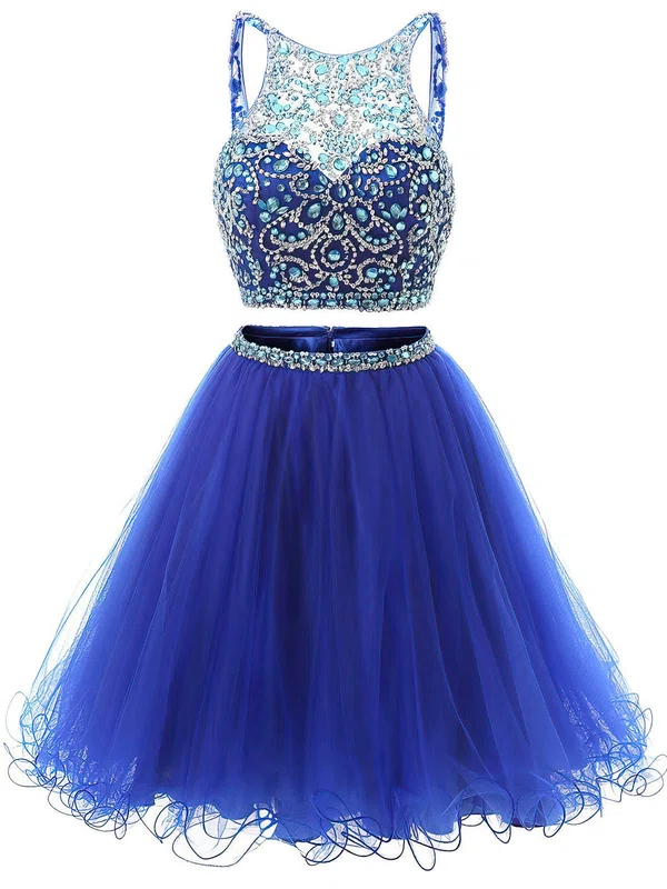 Two Piece Short/Mini A-line Scoop Neck Tulle Beading Royal Blue Backless Short Prom Dresses #Milly020102726