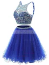 Two Piece Short/Mini A-line Scoop Neck Tulle Beading Royal Blue Backless Prom Dress #Milly020102726