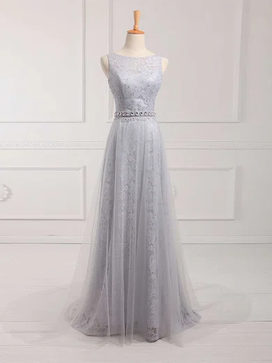 A-line Illusion Lace Tulle Prom Dresses With Beading #Milly020102739