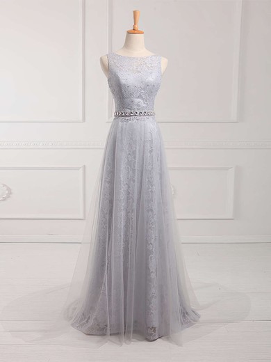 Sheath/Column Scoop Neck Lace Tulle Sweep Train Beading Prom Dresses #Milly020102739