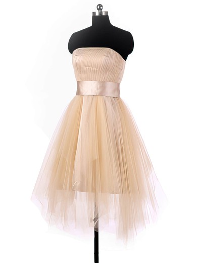 A-line Strapless Tulle Asymmetrical Sashes / Ribbons Sweet Bridesmaid Dresses #Milly01012964