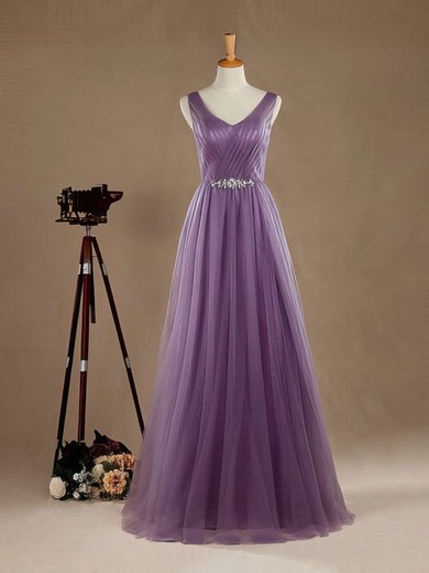 Affordable A-line V-neck Tulle Floor-length Beading Open Back Bridesmaid Dresses #Milly01012965