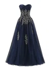 Modest A-line Sweetheart Tulle Floor-length Appliques Lace Dark Navy Prom Dresses #Milly020102622