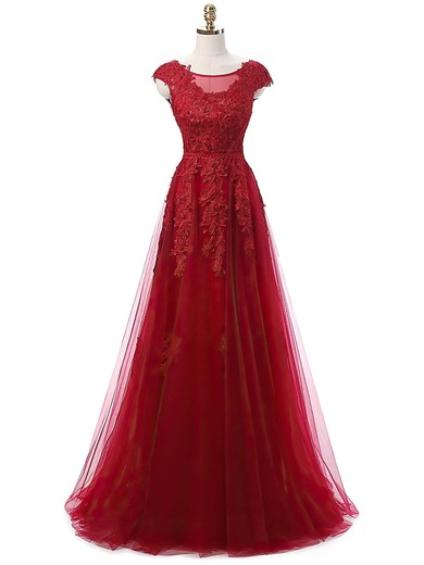 A-line Scoop Neck Floor-length Tulle Appliques Lace Prom Dresses #Milly020102626