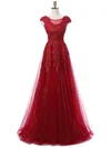 A-line Scoop Neck Floor-length Tulle Appliques Lace Prom Dresses #Milly020102626