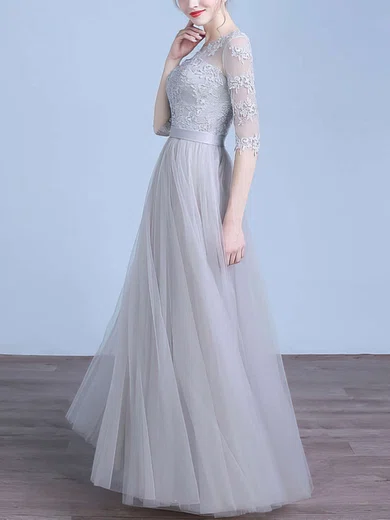 A-line Scoop Neck Tulle Floor-length Appliques Lace Prom Dresses Sale #sale020102645