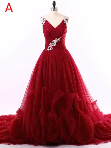 Ball Gown V-neck Tulle Prom Dresses With Appliques #Milly020102646