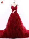 Princess V-neck Tulle Court Train Appliques Lace Burgundy New Arrival Prom Dresses #Milly020102646