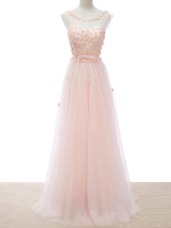 A-line Scoop Neck Floor-length Tulle Sashes / Ribbons Prom Dresses #Milly020102647