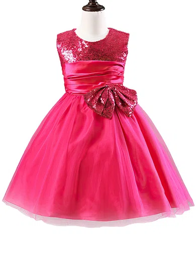 A-line Scoop Neck Tulle Sequined Tea-length with Bow Sparkly Flower Girl Dresses #Milly01031902