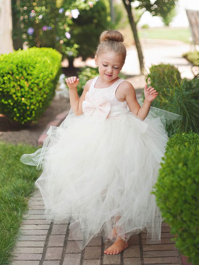 Sweet Princess Scoop Neck Lace Tulle Ankle-length Bow Flower Girl Dresses #Milly01031903