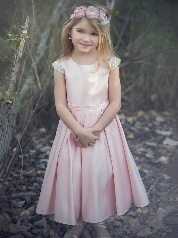 A-line Scoop Neck Satin Ankle-length Bow Pink Newest Flower Girl Dresses #Milly01031912