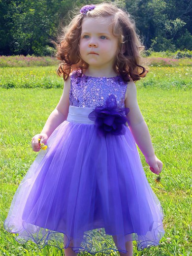 A-line Scoop Neck Tulle Sequined Tea-length Sashes / Ribbons Sparkly Flower Girl Dresses #Milly01031917