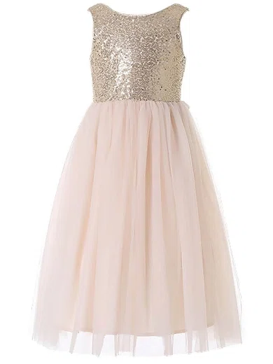 A-line Scoop Neck Tulle Sequined Floor-length Bow Casual Flower Girl Dresses #Milly01031931