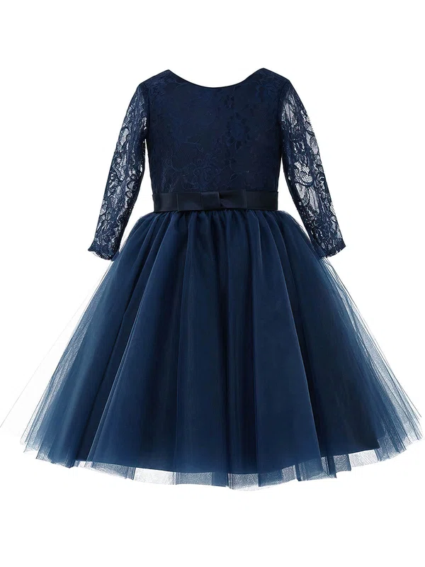 Latest A-line Scoop Neck Lace Tulle Tea-length Sashes / Ribbons Long Sleeve Flower Girl Dresses #Milly01031947