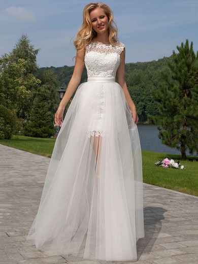 Sheath/Column Scoop Neck Lace Tulle Detachable Ruffles Open Back Funky Wedding Dresses #Milly00022524