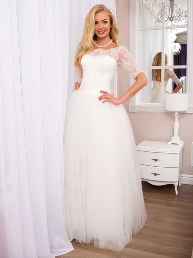 Sweet White A-line Scoop Neck Tulle Floor-length Lace 1/2 Sleeve Wedding Dresses #Milly00022525