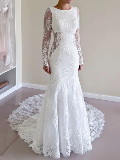 Trumpet Mermaid Scoop Neck Lace Sweep Train Wedding Dresses